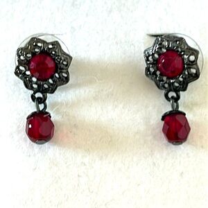 Vintage 1928 Filligree Ruby Red Posted Drop Earrings